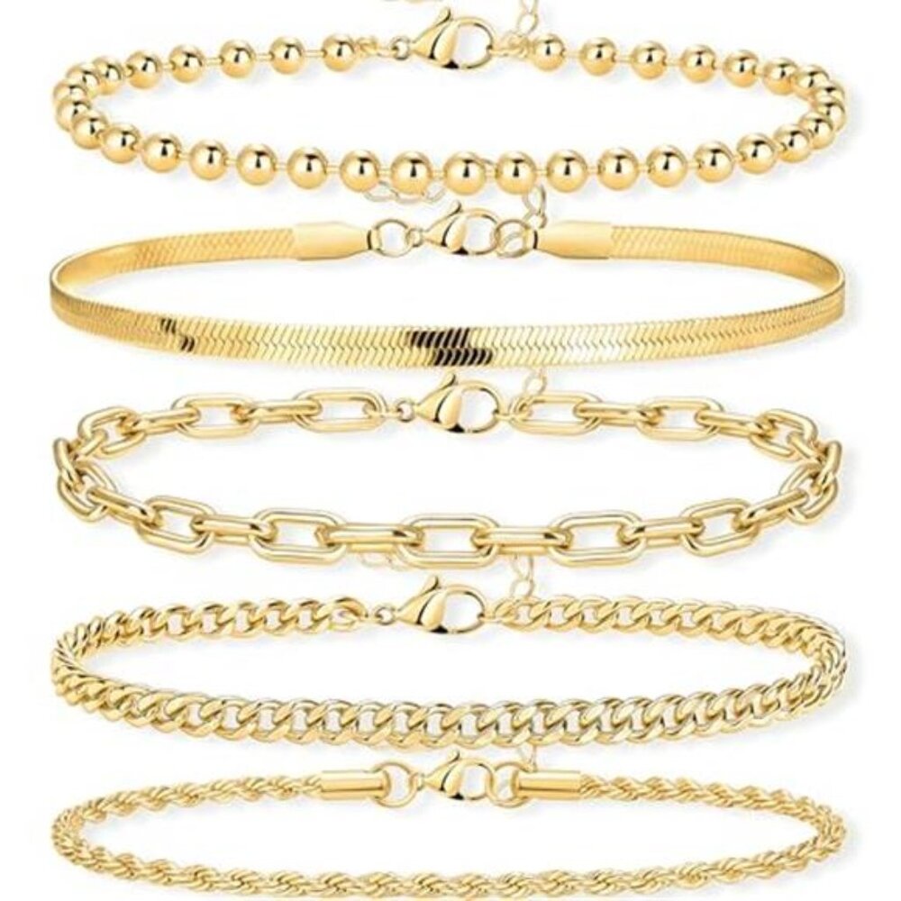 Gold Bracelets Set for Women Stackable Cuff Beaded Chain Layered Hand Jewelry